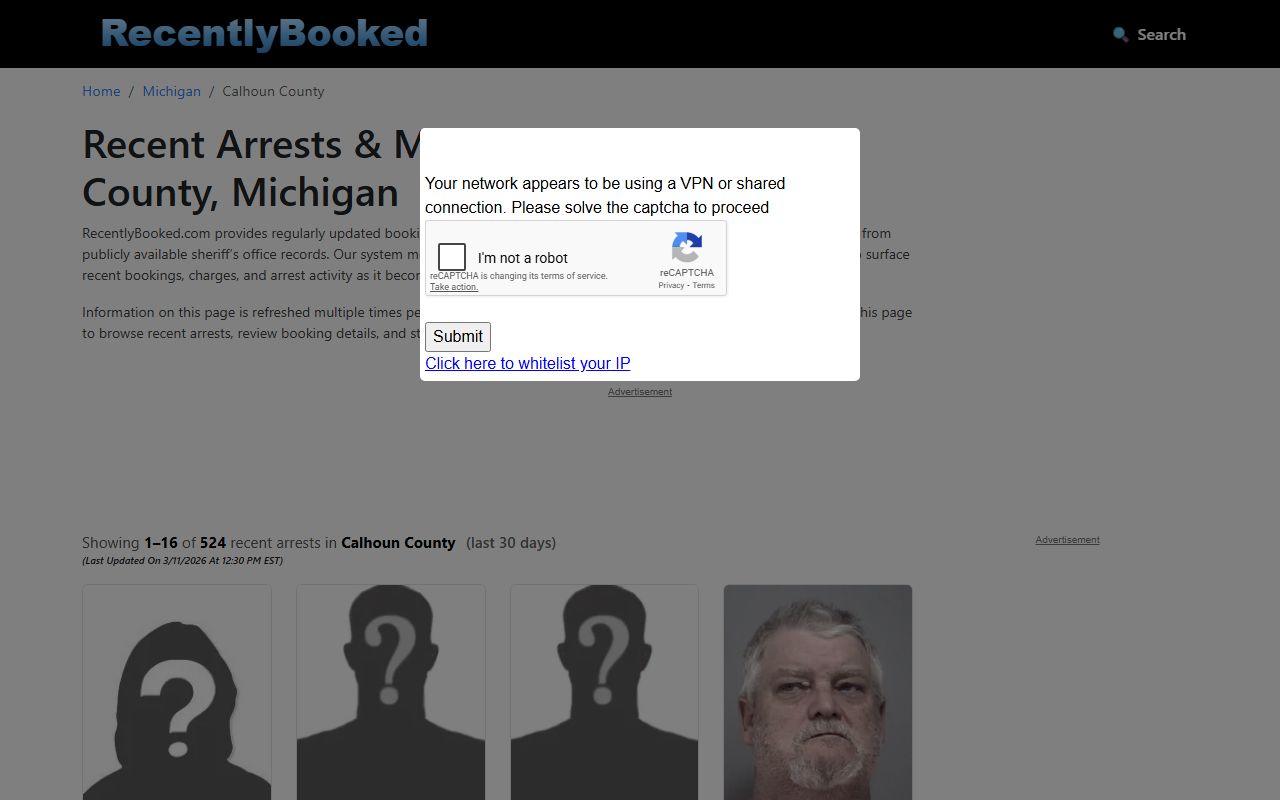 Calhoun County recent bookings page showing busted mugshots