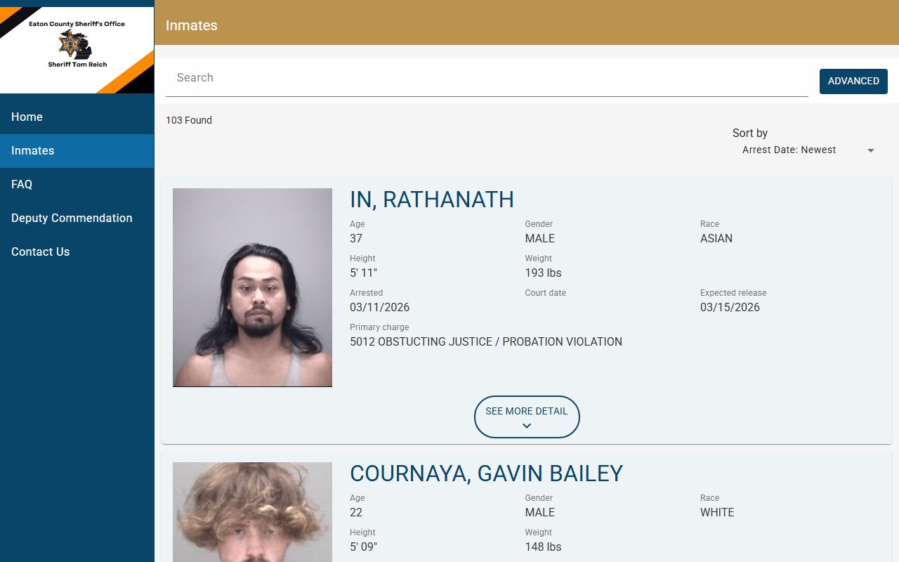Eaton County inmate search portal for busted mugshots