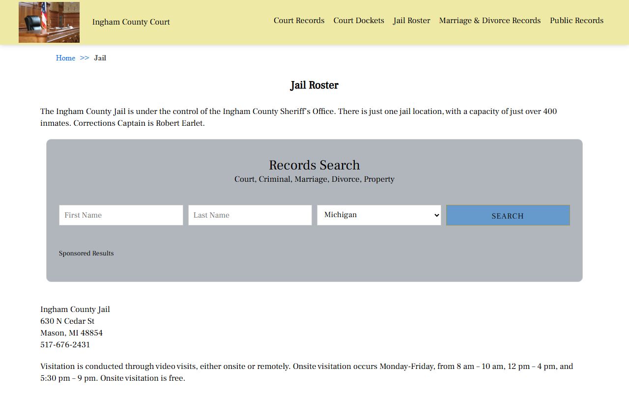 Ingham County jail roster page for busted mugshots lookup