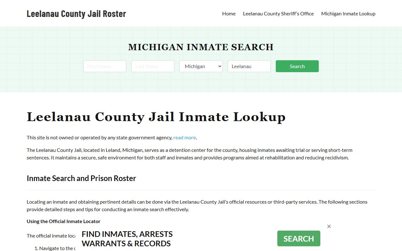 Leelanau County jail info page for busted mugshots lookup