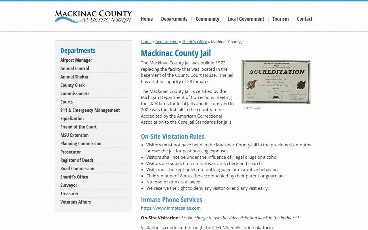 Mackinac County Jail information page for busted mugshots records