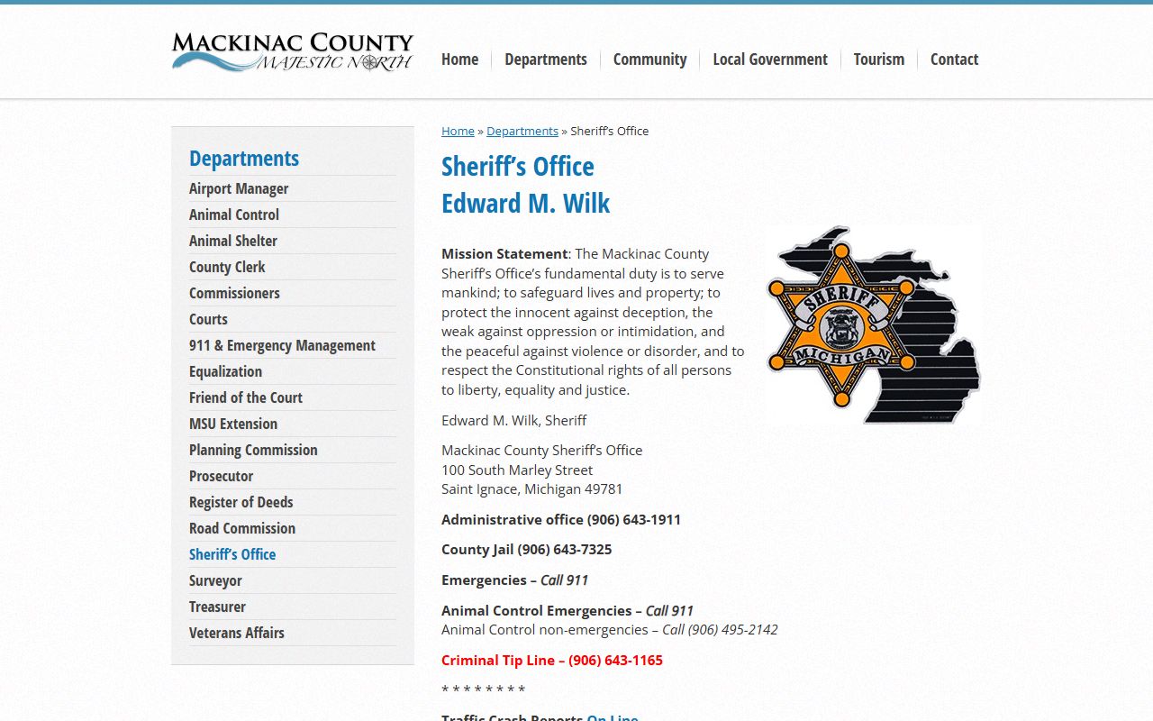 Mackinac County Sheriff's Office page for busted mugshots lookup