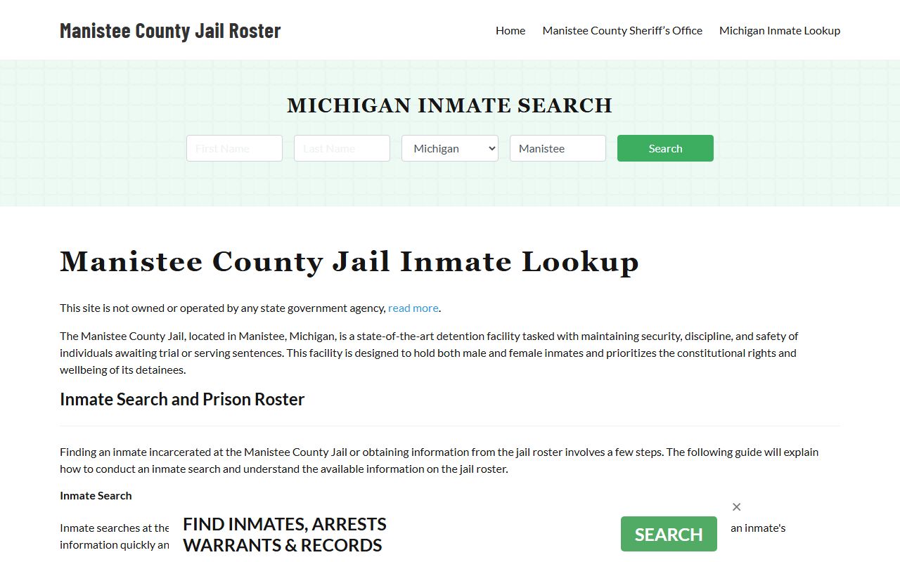 Manistee County Jail info page for busted mugshots data