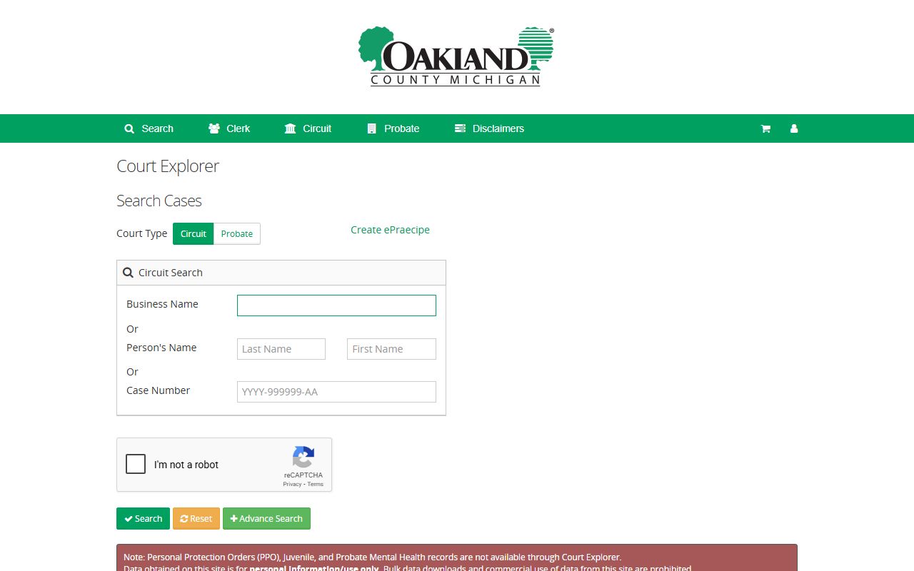Oakland County Court Explorer search page for busted mugshots and case records