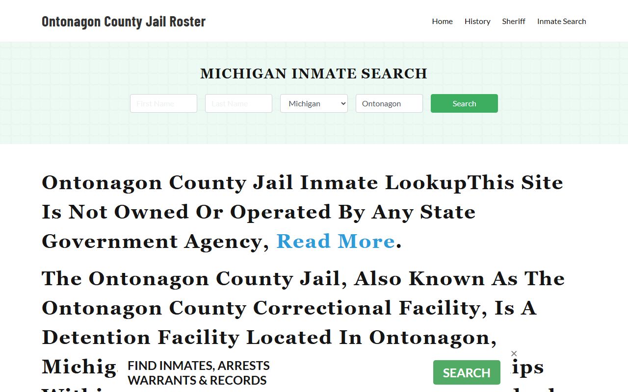Ontonagon County jail information page for busted mugshots