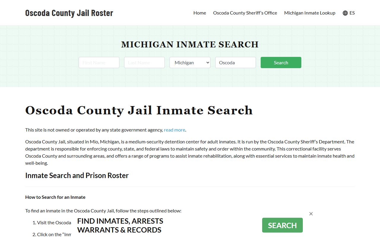 Oscoda County jail information page for busted mugshots search