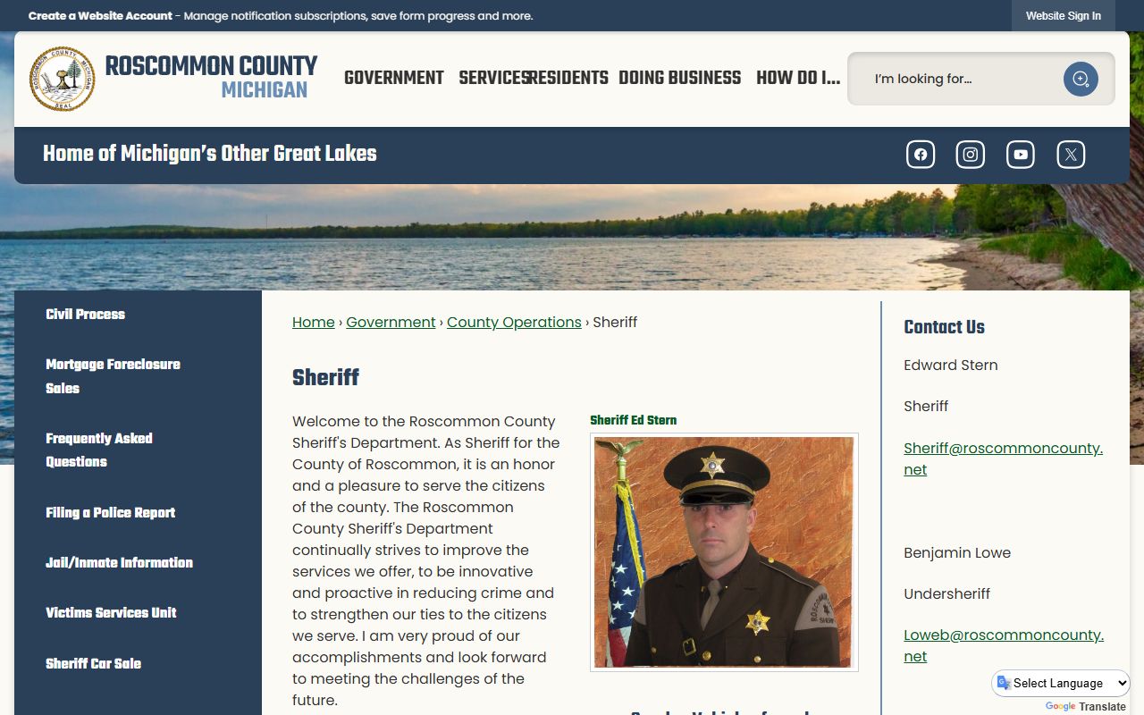 Roscommon County Sheriff page for busted mugshots lookup
