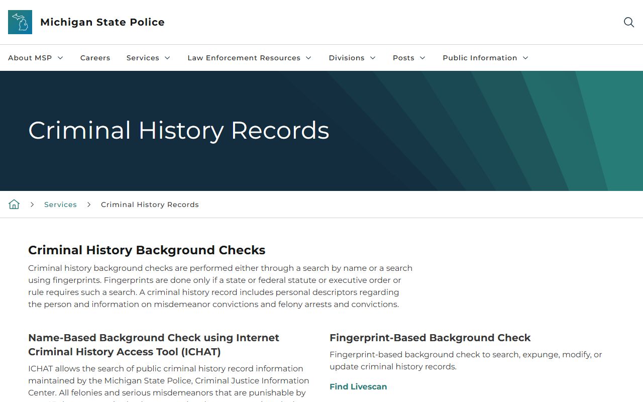 Michigan State Police criminal history records service page