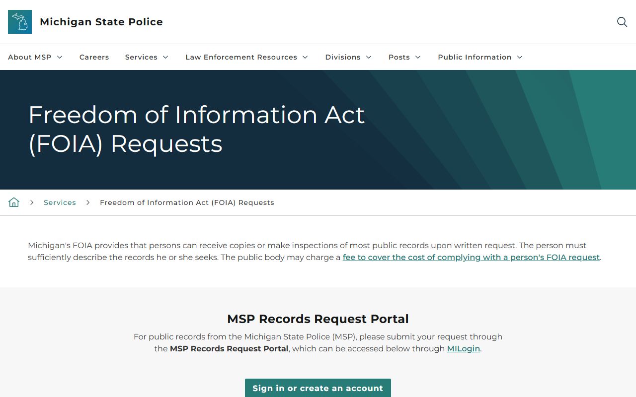 Michigan State Police FOIA request page for obtaining busted mugshots records