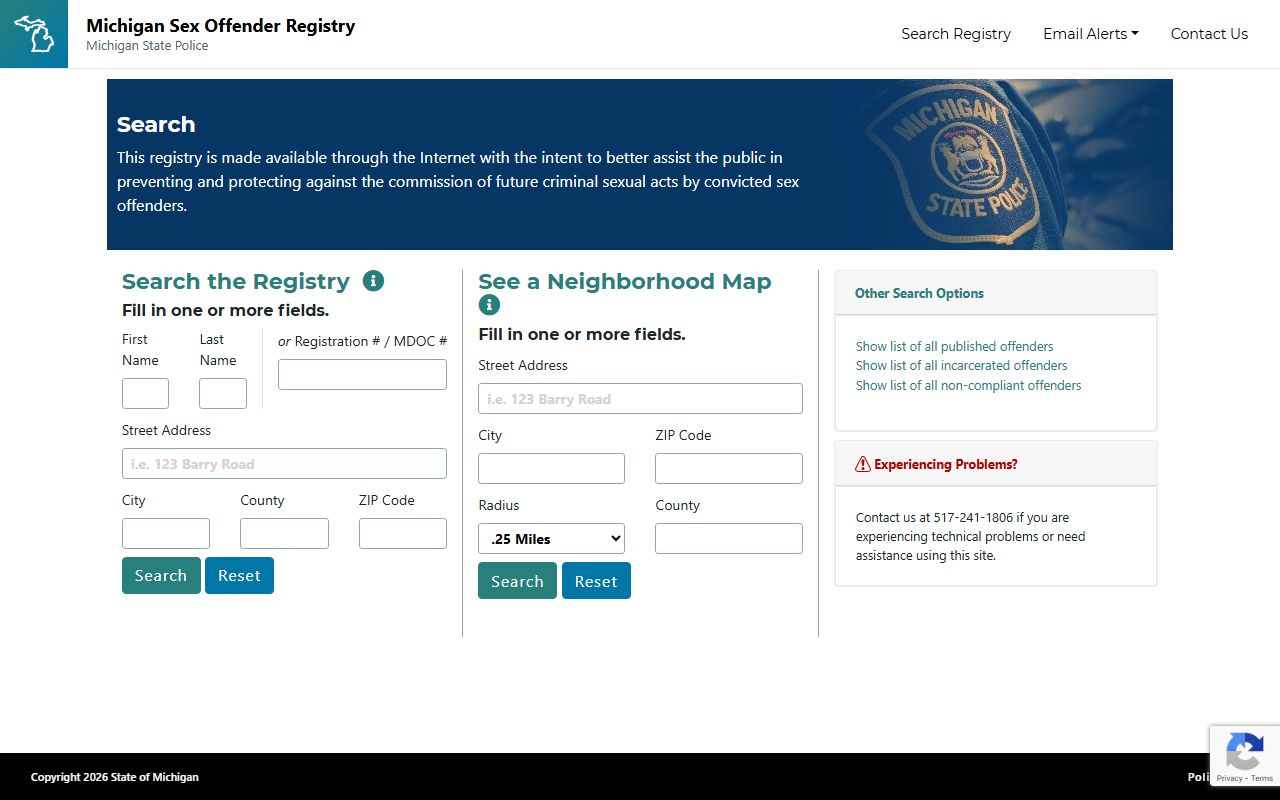 Michigan public sex offender registry search interface
